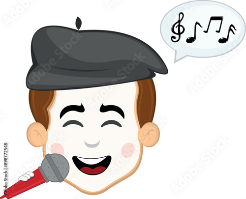 vector illustration face character of street artist mime cartoon, singing with a microphone in hand, a speech bubble and musical notes