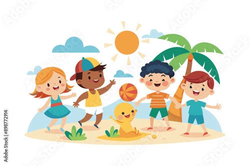 A vibrant summer vector illustration featuring kids enjoying the sunshine. This cheerful design is perfect for children's products, summer-themed projects, and playful outdoor visuals.