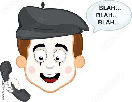 vector illustration face character of street artist mime cartoon, talking on the phone and a speech bubble with the text blah