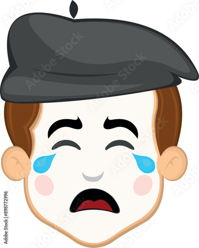 vector illustration face character of street artist mime cartoon crying with tears falling from his eyes