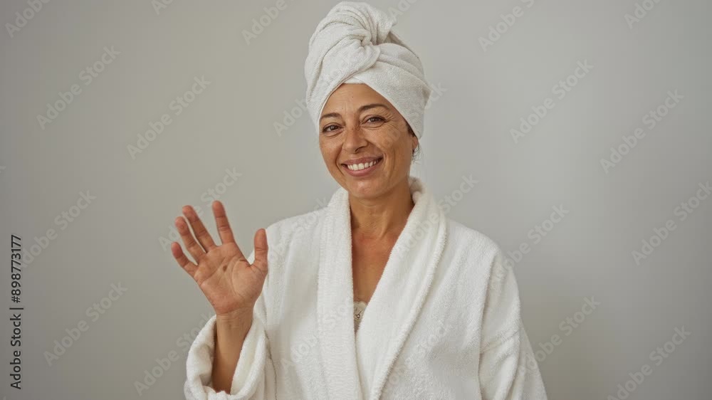 Woman wearing bathrobe and towel, smiling and saying hi with a friendly gesture, happy and welcoming over an isolated white background - middle age beauty Woman wearing bathrobe and towel, smiling and saying hi with a friendly gesture, happy and welcoming over an isolated white background - middle age beauty