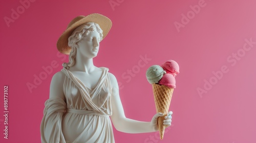 Antique female statue wearing summer straw hat holding ice cream cone, pink studio background with copy space for promotion text photo