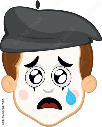 vector illustration face character of street artist mime cartoon, with a sad expression, watery eyes and a tear falling from one eye