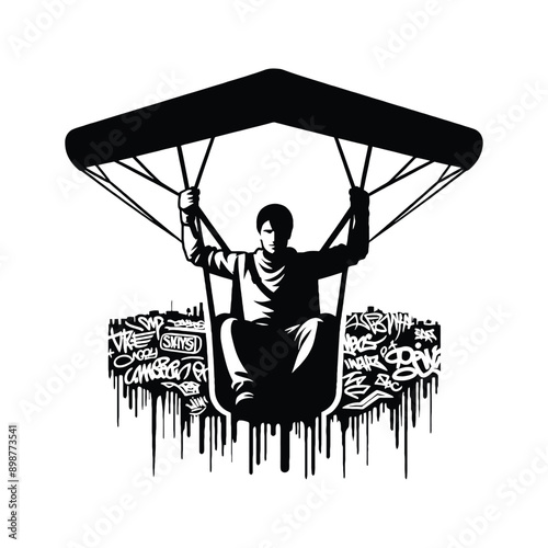 Hang Gliding  male player in graffiti tags, street art pattern illustration, emblem shield badge