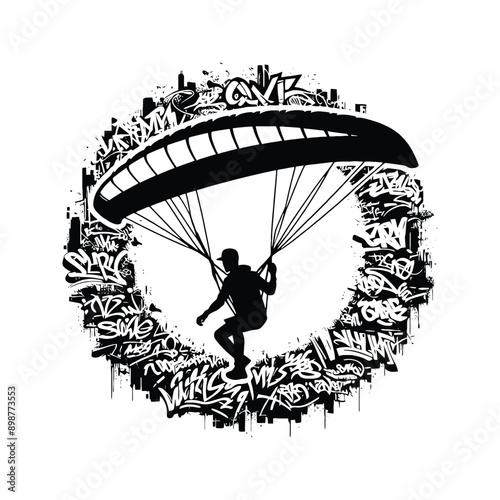 Hang Gliding  male player in graffiti tags, street art pattern illustration, emblem shield badge