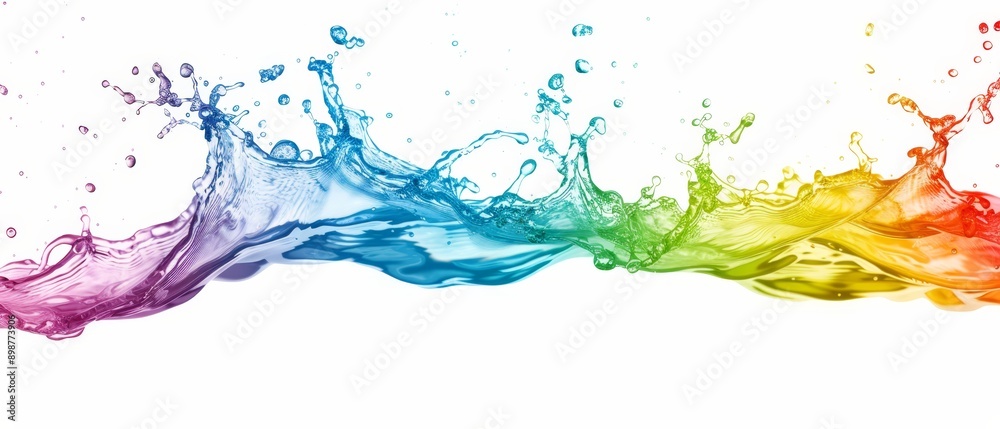 Multicolored wave of water against white backdrop, featuring a water splash at its base Multicolored wave of water against white backdrop, featuring a water splash at its base