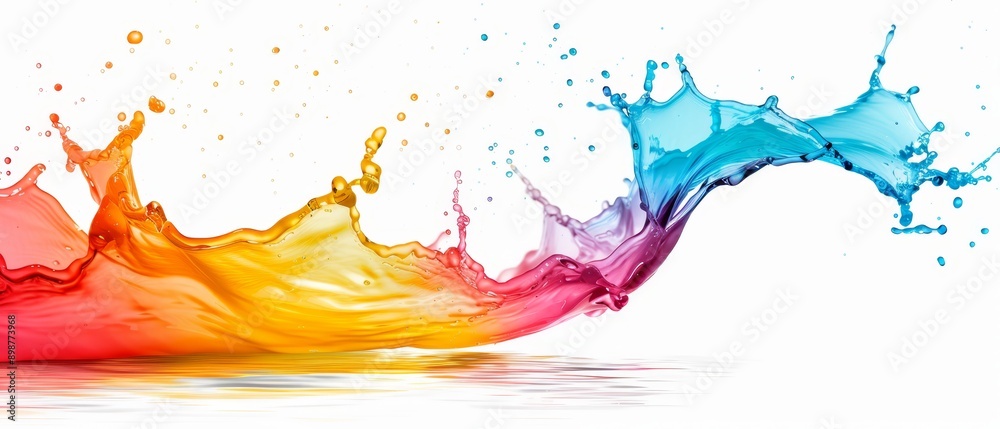 Multicolored liquid splashes, reflecting on white background in water Multicolored liquid splashes, reflecting on white background in water