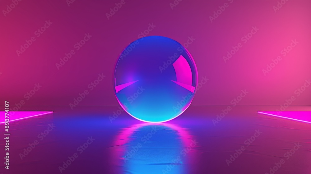 Glass sphere is casting a vivid blue light on a reflective surface in a neon lit room with a pink background