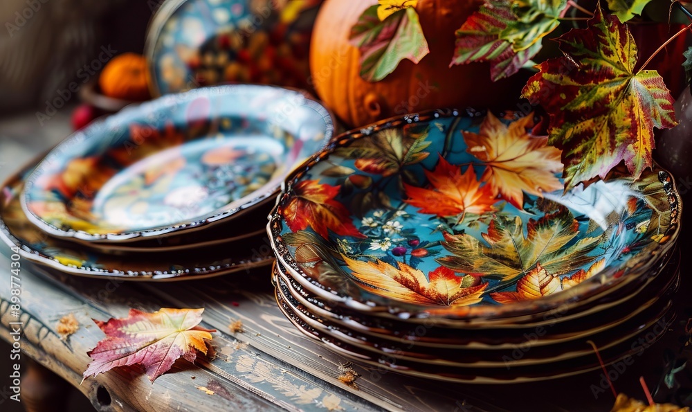 Fototapeta premium Decoupage autumn-themed dishes, artistic designs, vibrant colors, unique crafts