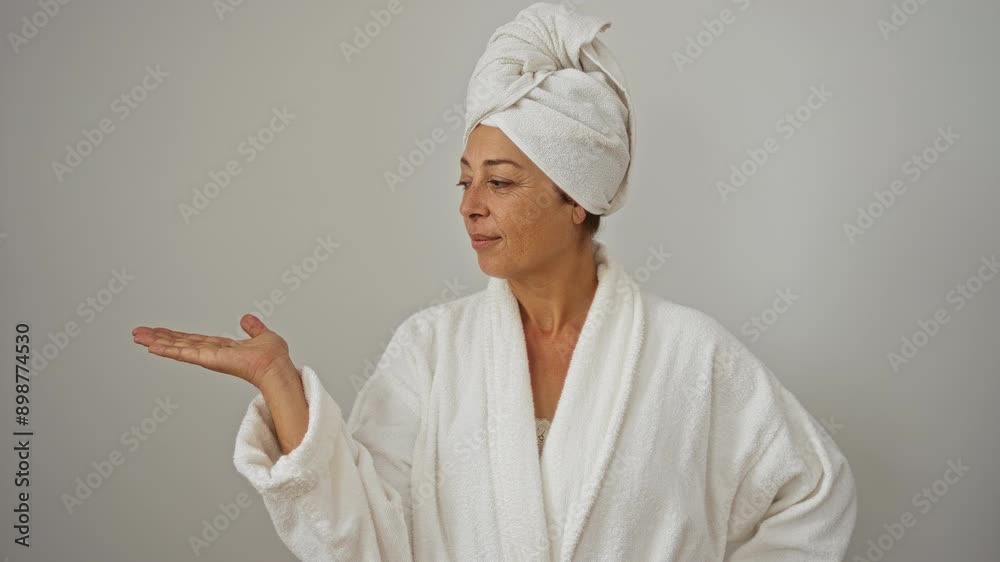 Middle age woman in towel and bathrobe presenting with cheerful smile, pointing hand and palm over isolated white background Middle age woman in towel and bathrobe presenting with cheerful smile, pointing hand and palm over isolated white background