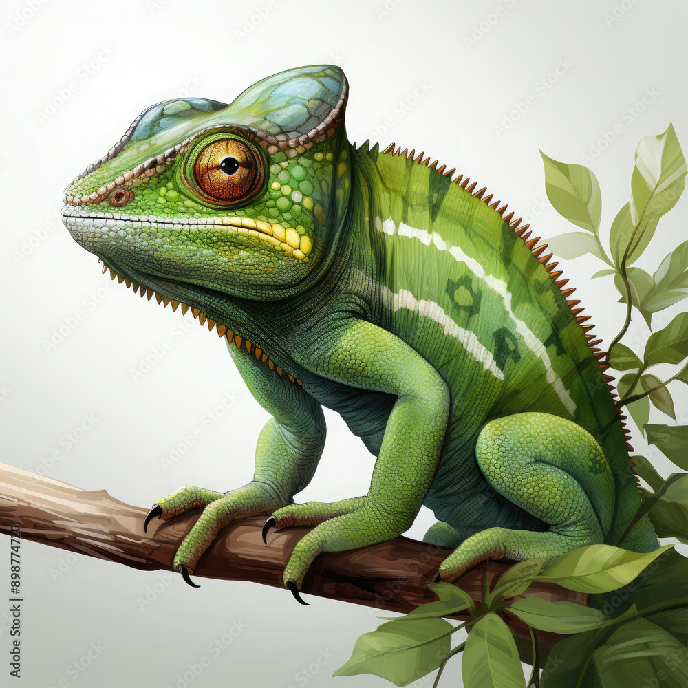 Fototapeta premium Watercolor Green color chameleon close up, clipart Illustration, Generative Ai