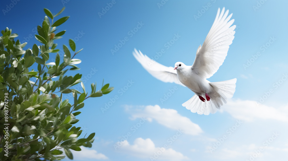 A single pigeon flying in the air carrying a olive leaf branch on a blue sky with hearts background - peace and freedom concept 