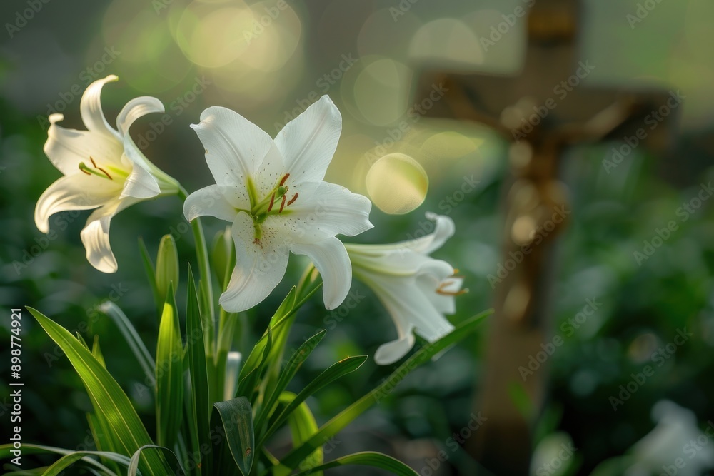 Fototapeta premium Christian cross and Easter lilies, symbolizing resurrection and new beginnings in the Christian faith