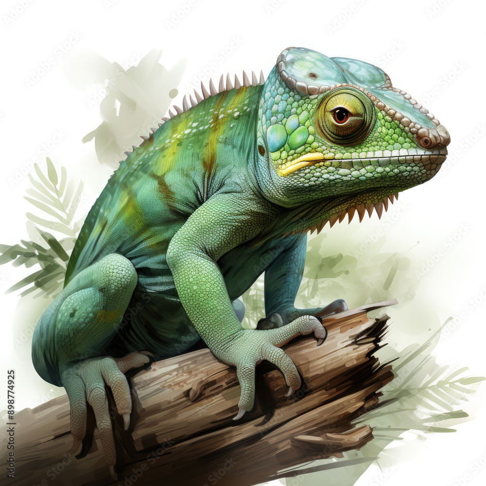 Fototapeta premium Watercolor Green color chameleon close up, clipart Illustration, Generative Ai