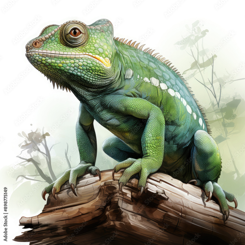 Fototapeta premium Watercolor Green color chameleon close up, clipart Illustration, Generative Ai