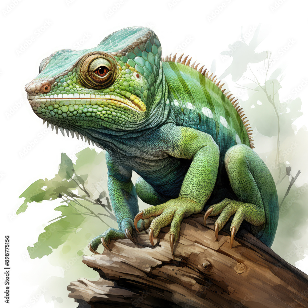 Fototapeta premium Watercolor Green color chameleon close up, clipart Illustration, Generative Ai
