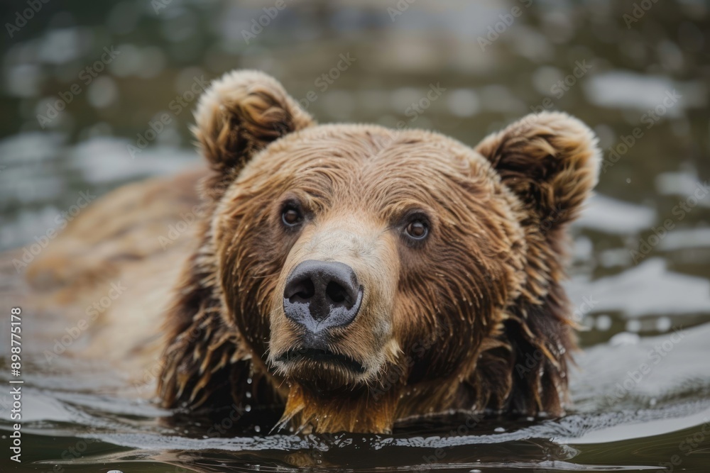 Close up brown bear swimming in the water of river Close up brown bear swimming in the water of river