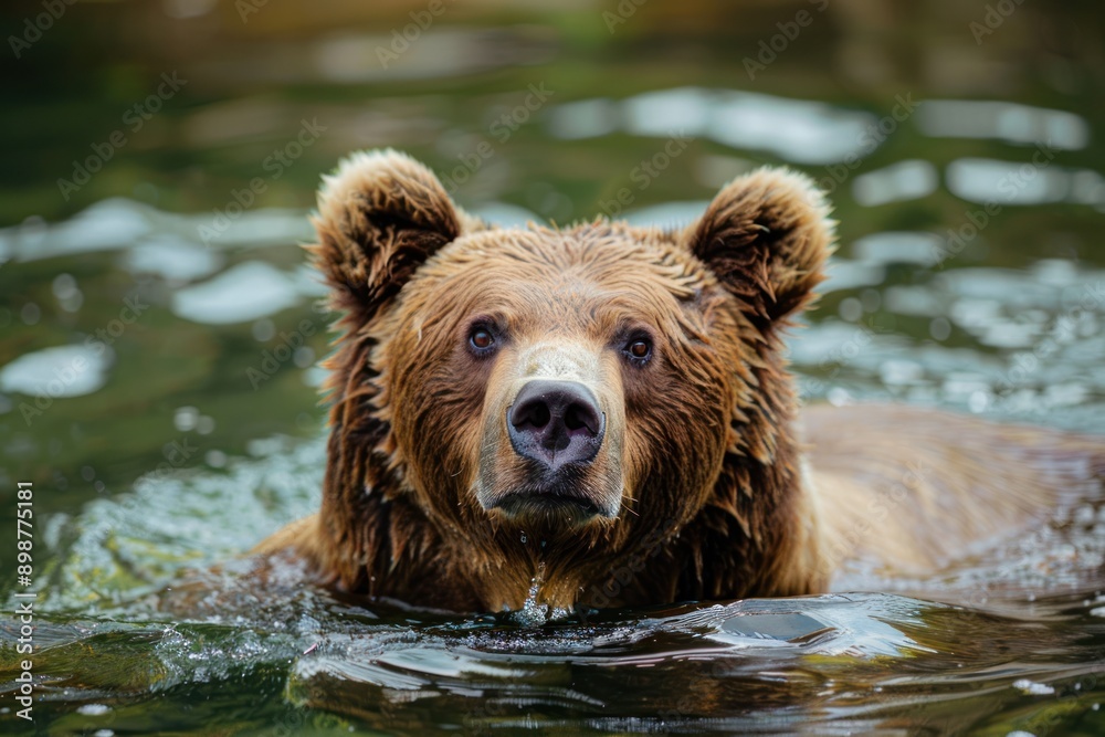 Close up brown bear swimming in the water of river Close up brown bear swimming in the water of river