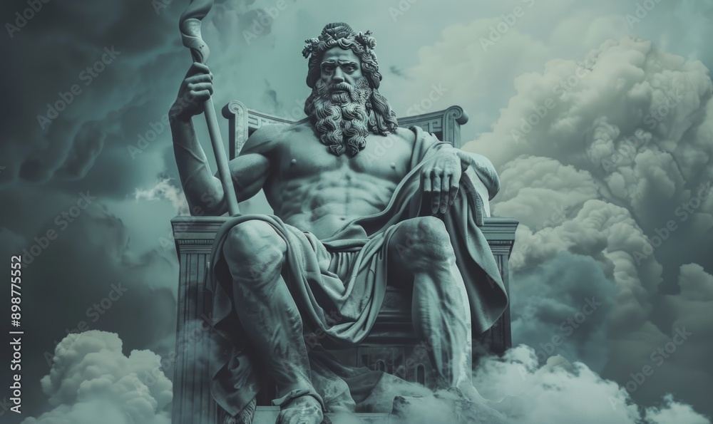 Imposing figure of Zeus seated on his throne atop Mount Olympus, holding a thunderbolt Imposing figure of Zeus seated on his throne atop Mount Olympus, holding a thunderbolt