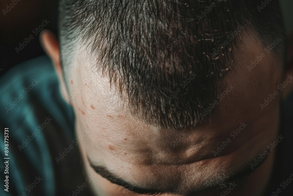 Close up Man with little hair due to alopecia or hair loss Close up Man with little hair due to alopecia or hair loss