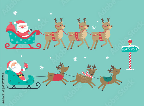 Card of Santa Claus with reindeer.