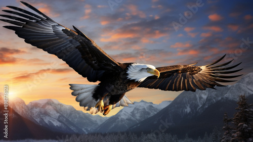 A pair of bald eagle soaring through the air with a background of blue sky during sunset 