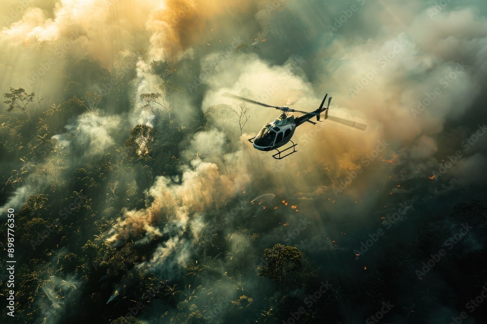 Naklejka premium Close up top view helicopter flying over the smoke and fire forest
