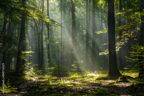 Serene Forest Morning: Sunlight Filtering Through Dense Woodland Canopy Illuminates Tranquil Natural Beauty © Adam