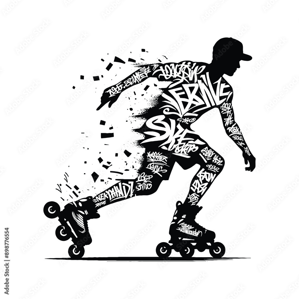 Obraz premium Inline Skating, roller skate male player in graffiti tags, street art pattern illustration, emblem shield badge