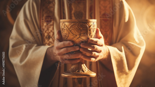 A clay Eucharist sacrament chalice engraved with symbols, held by priest hands with a religious Catholic vestment with bread wine and thorns on a table in the background; a vintage retro style with na