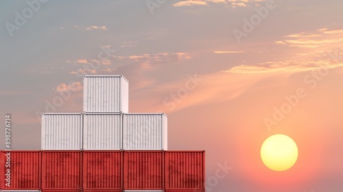 Shipping containers, sun setting in background, maritime atmosphere, Watercolor style, with copy space, high-resolution photo, hyper realistic