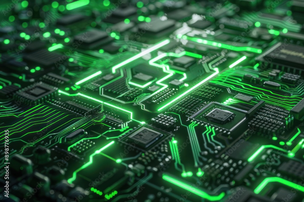 Close-up of a glowing green circuit board, showcasing intricate electronic pathways and components Close-up of a glowing green circuit board, showcasing intricate electronic pathways and components