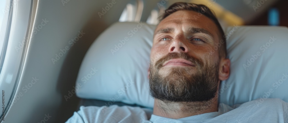  A man reclines in a hospital bed, eyes shut, head supported by a pillow's back