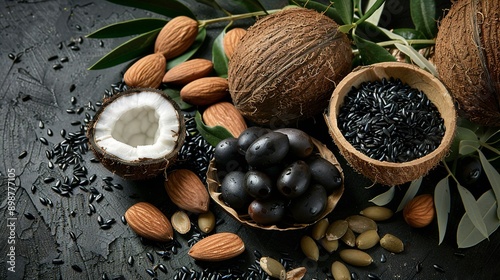 a collection of almonds, coconuts, olives and blackseed photo