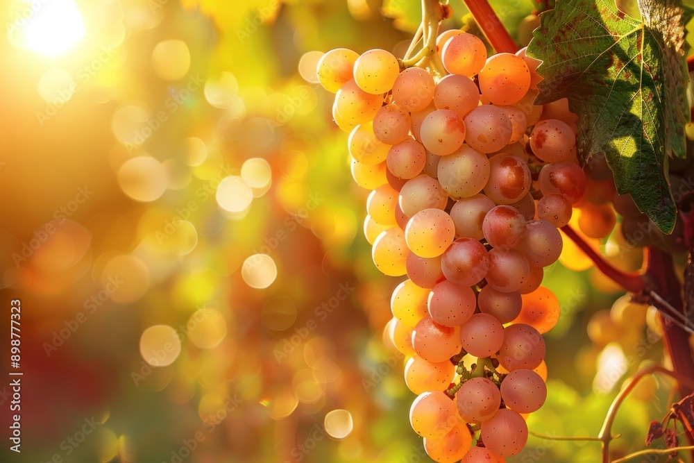 Close-up of ripe grapes hanging on vines in vineyard during sunset, with warm sunlight illuminating the background Close-up of ripe grapes hanging on vines in vineyard during sunset, with warm sunlight illuminating the background