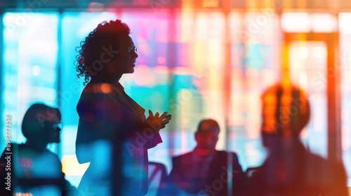 Dynamic Female CEO Leading Brainstorming Session in Vibrant Tech Office Silhouette with Copy Space for Text - Teamwork and Innovation Concept
