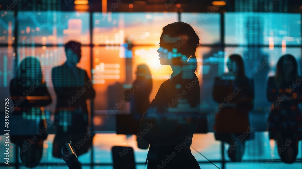 Empowered Female Business Leader Engaged in Brainstorming Session with Colleagues in High-Tech Conference Room Silhouette Empowered Female Business Leader Engaged in Brainstorming Session with Colleagues in High-Tech Conference Room Silhouette