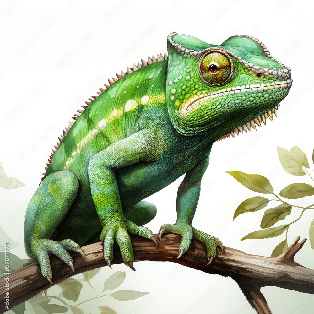 Fototapeta premium Watercolor Green color chameleon close up, clipart Illustration, Generative Ai