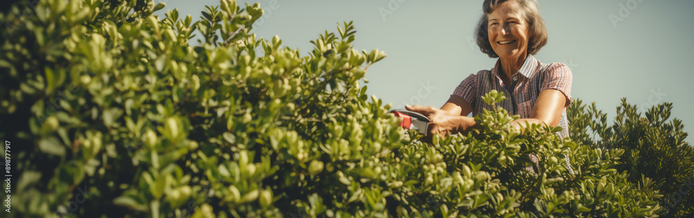 A medium shot of a seniorCaucasian female gardener trimming a hedge on a sunny day A medium shot of a seniorCaucasian female gardener trimming a hedge on a sunny day