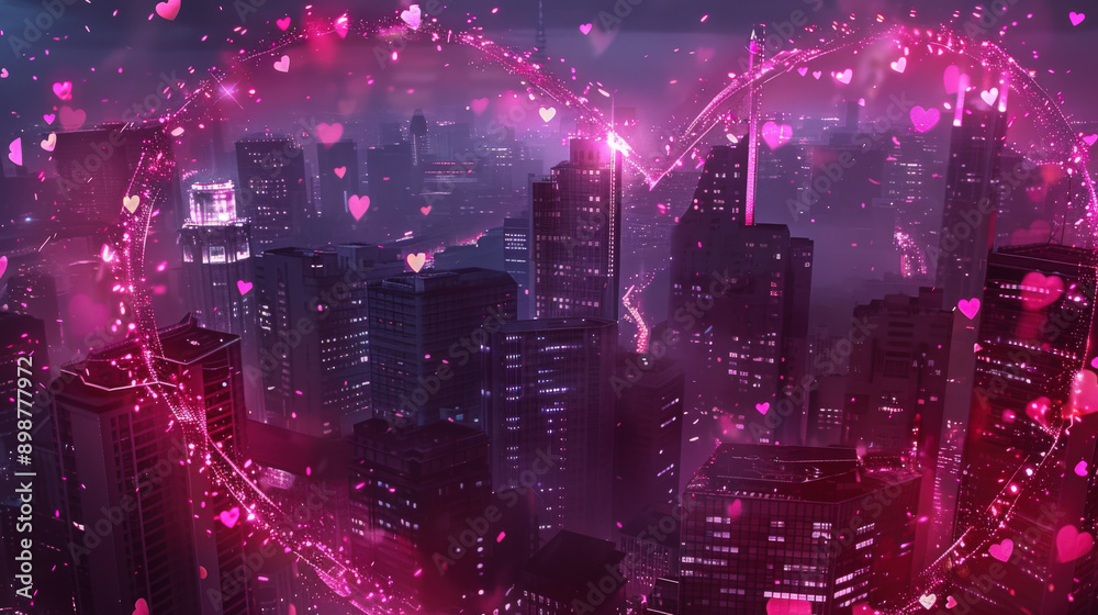 Obraz premium Romantic Night Cityscape with Pink Heart Lights