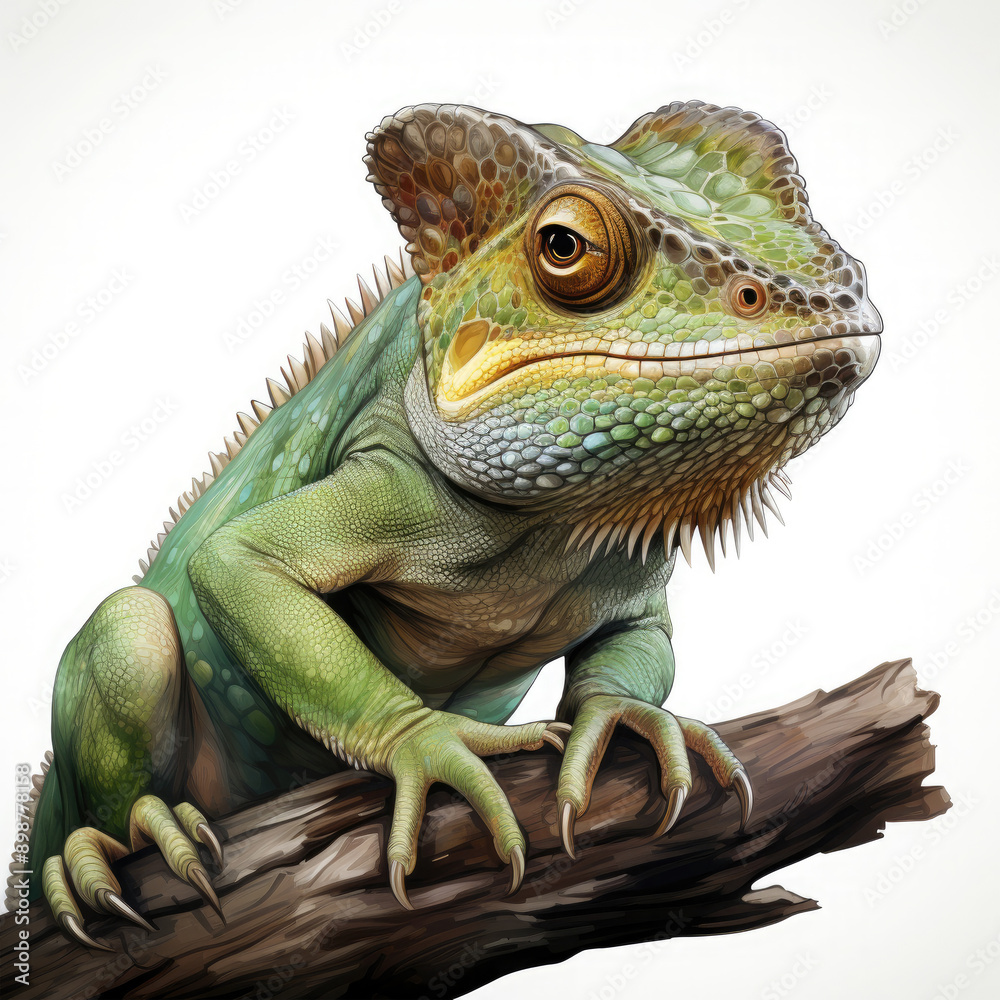 Fototapeta premium Watercolor Green color chameleon close up, clipart Illustration, Generative Ai