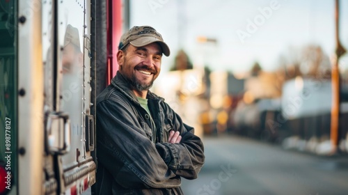 A smiling truck driver, wearing a cap and a jacket, stands beside his truck with his arms crossed, giving a thumbs-up © Ilia Nesolenyi
