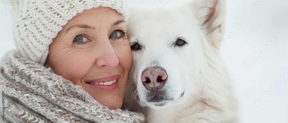  A woman in a white hat and scarf hugs a white dog, smiling at its face