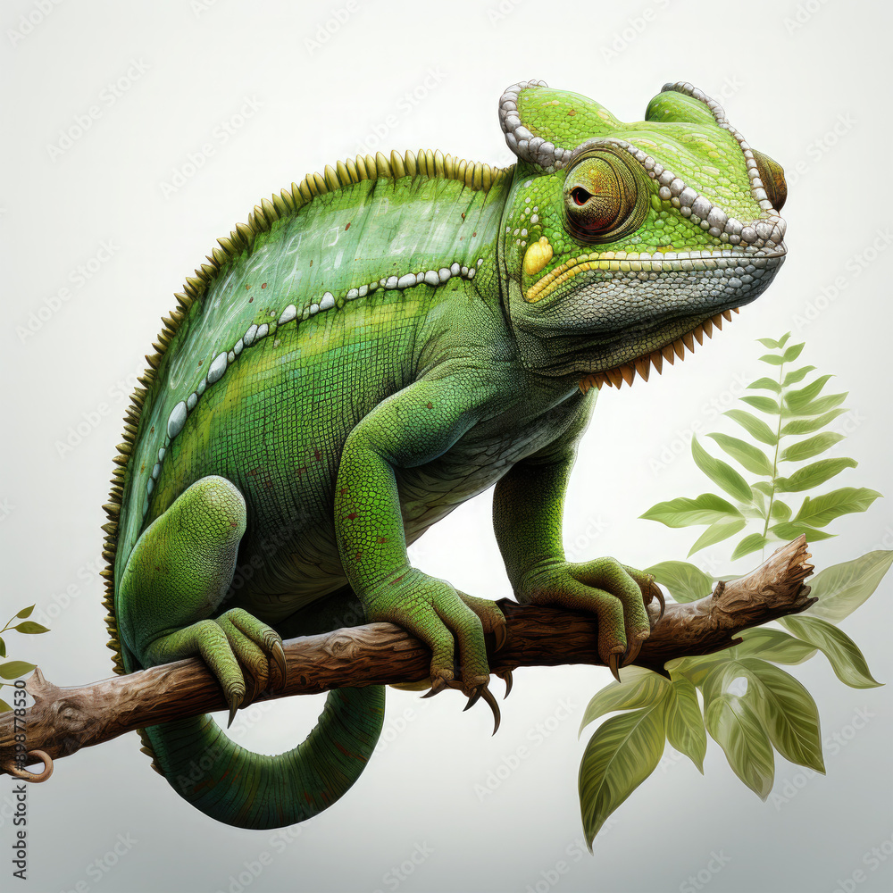 Obraz premium Watercolor Green color chameleon close up, clipart Illustration, Generative Ai
