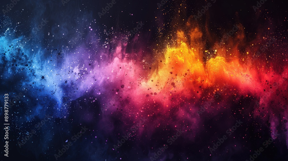 Naklejka premium A vivid and abstract design with a rainbow powder splash, featuring paint bursts, ink splatter, and dust effects on a textured white and black background
