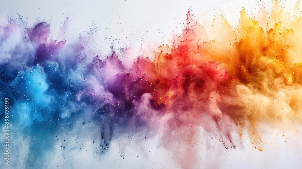 Fototapeta premium A dynamic color powder splash with rainbow hues, creating an abstract background with paint-like explosions and vibrant dust bursts on a white texture