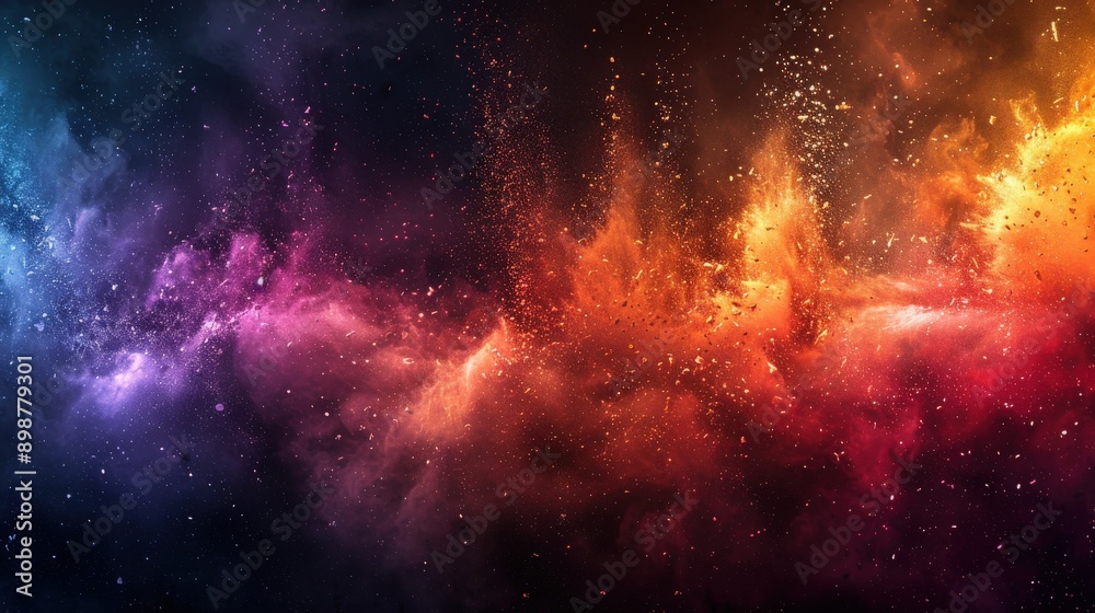 Naklejka premium An energetic abstract background showcasing a rainbow powder splash, with color explosions, dust clouds, and ink splatter effects on a black spray texture