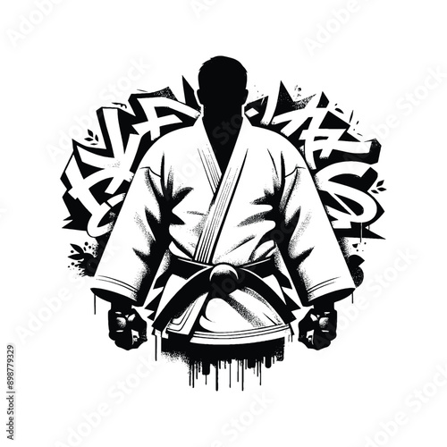 Judo , martial art ,  Karate , Taekwondo  male player in graffiti tags, street art pattern illustration, emblem shield badge