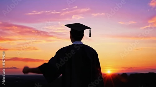Graduation silhouette of a student in cap and gown at sunset. Inspirational education concept for greeting card, invitation, and poster.