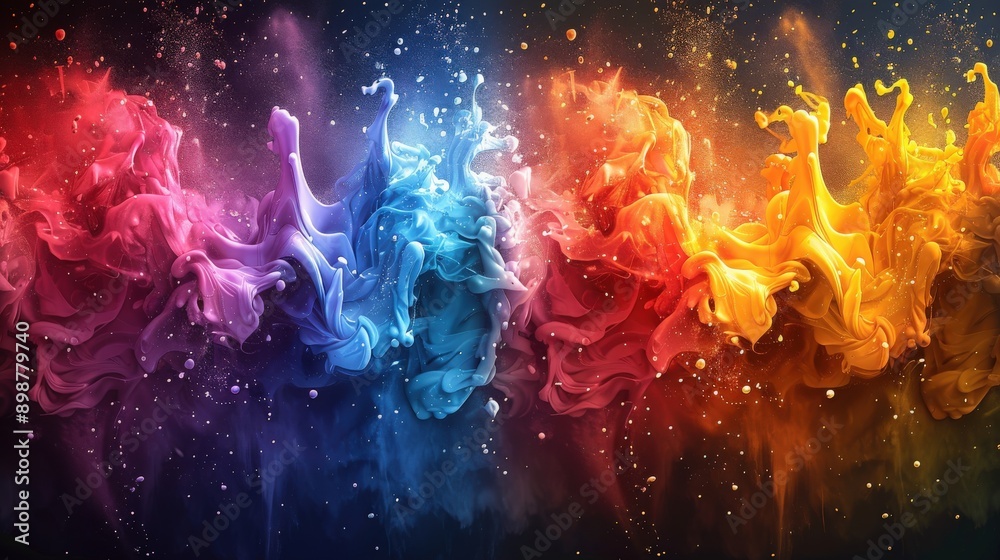 A high-resolution rainbow powder splash background, showcasing paint bursts, ink splatter, and dust effects, set against a white and black spray texture
